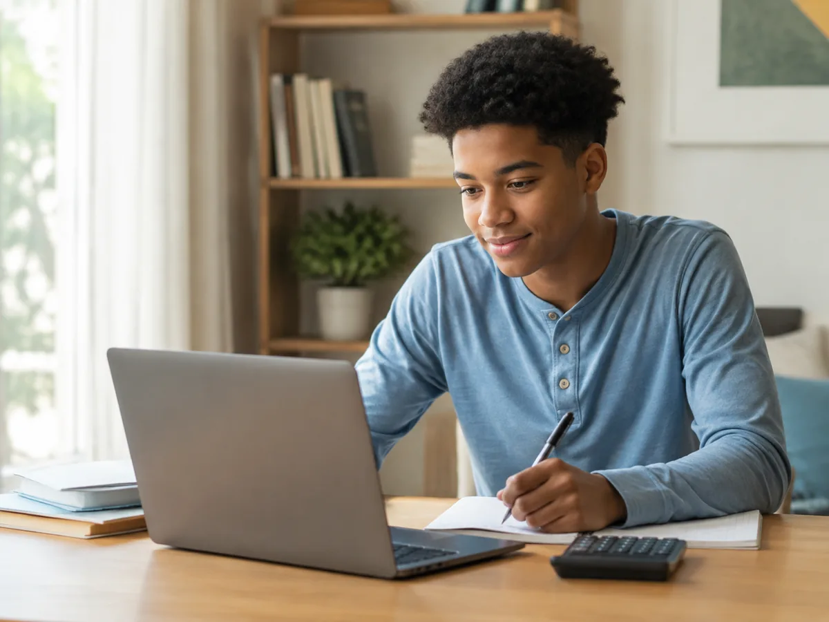 High school student preparing for the Digital SAT using a laptop, notebook, and calculator
