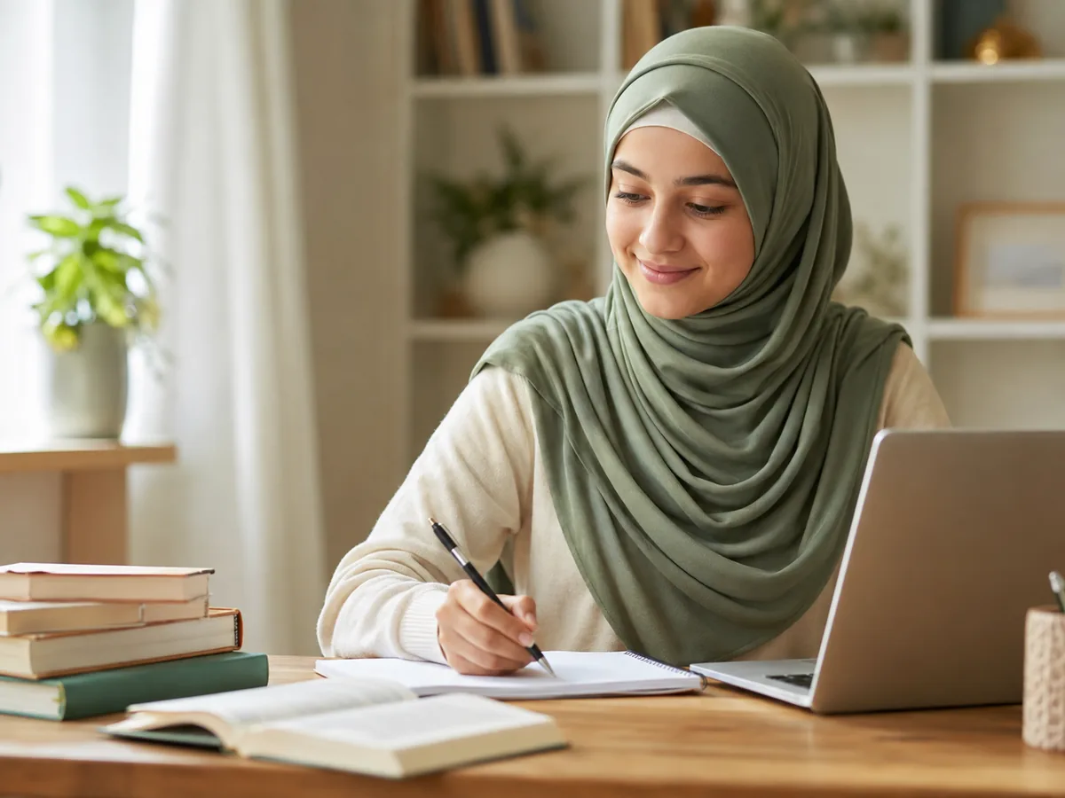 Muslim high school student wearing a hijab studying with a laptop and books